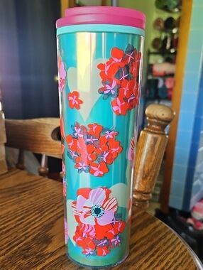 Starbucks Turquoise Tumbler with Pink Lid and Red Floral Design